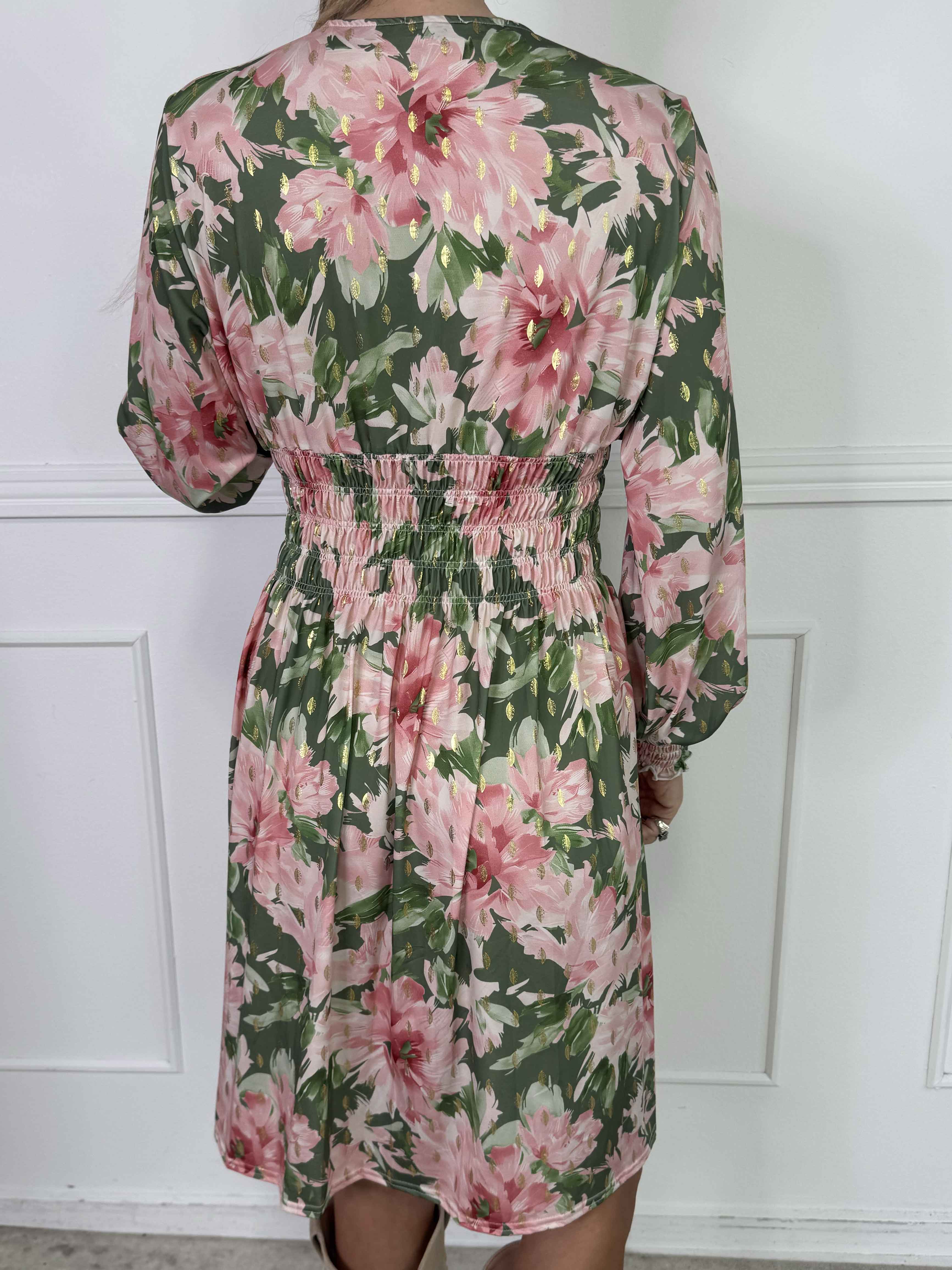 Pams Flora Short L/S - Elastisk kjole i krølfrit stof med lange ærmer